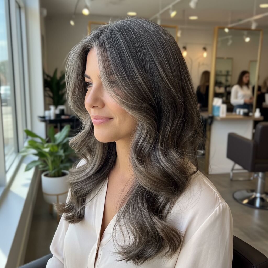 balayage gris cendré sur cheveux châtain